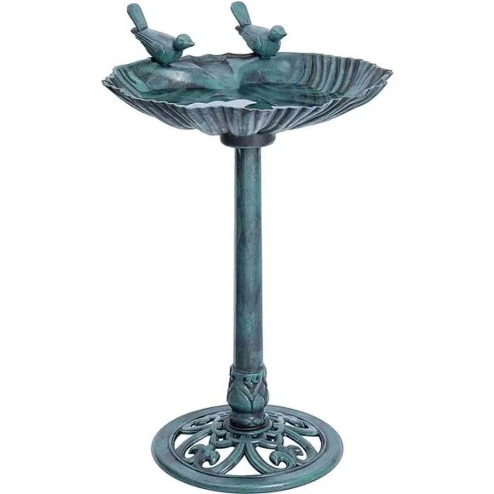 28 Inch Height Polyresin Lightweight Outdoor Double Birds Garden Bird Bath Green